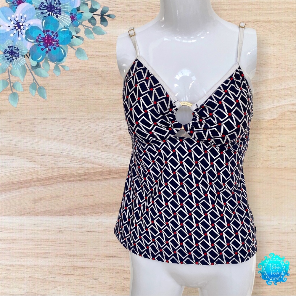 Nautica Red, White & Blue Geometric Tankini Swimsuit Top; size 8